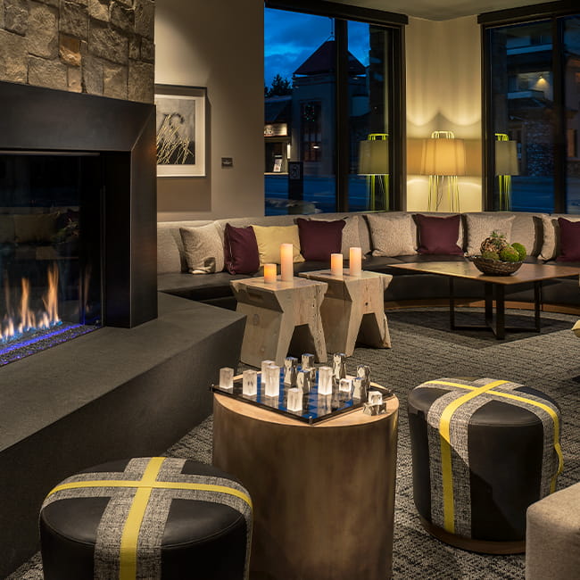 Cozy fireplace in a hotel lobby