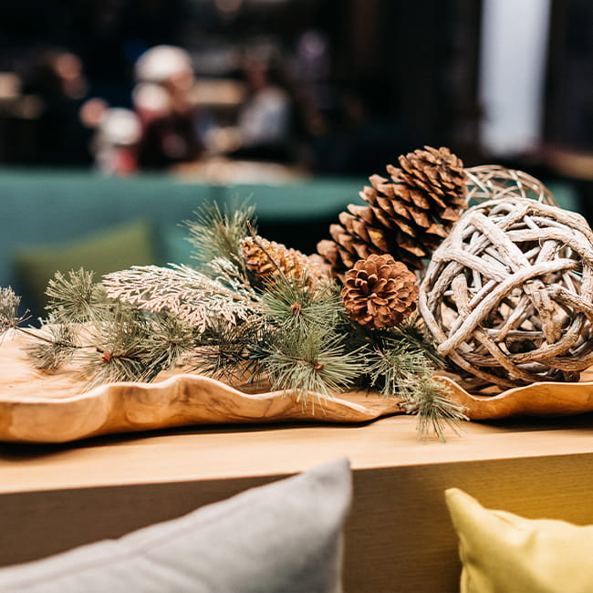 Table of holiday decor at a hotel lobby