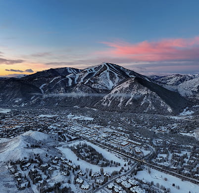Aerial view of Ketchum and mountains in winter