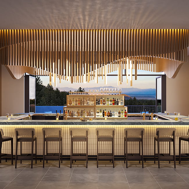 bar at the lounge overlooking the mountains
