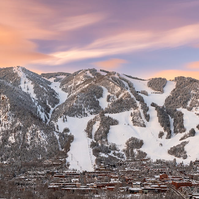 aspen town and mountain at sunset