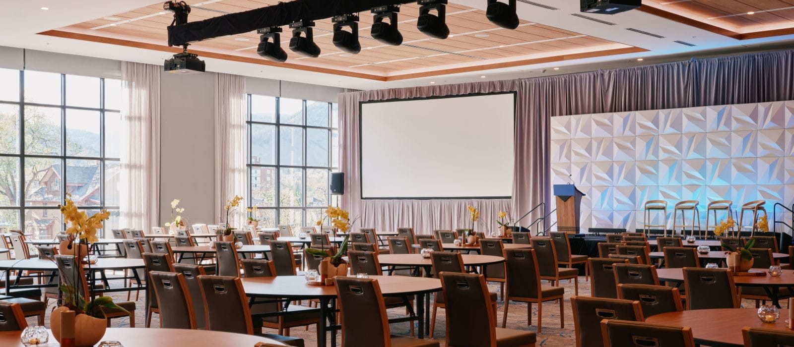 A meeting space with table and chairs setup