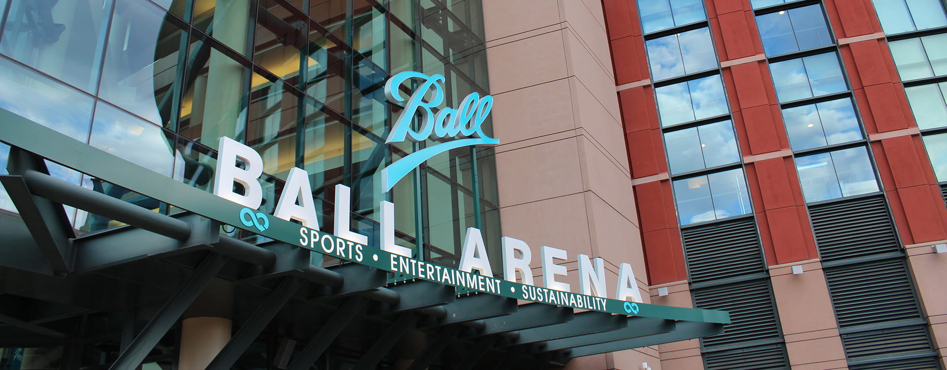 ball arena sign on exterior entrance of arena
