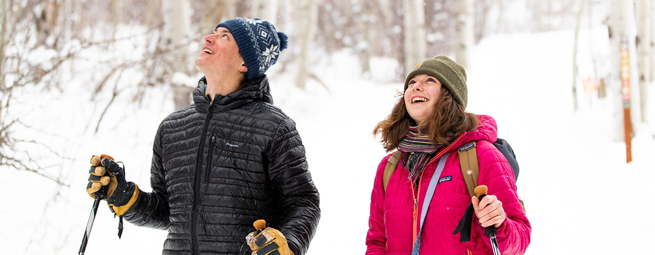 two people snowshoeing in snowy woods