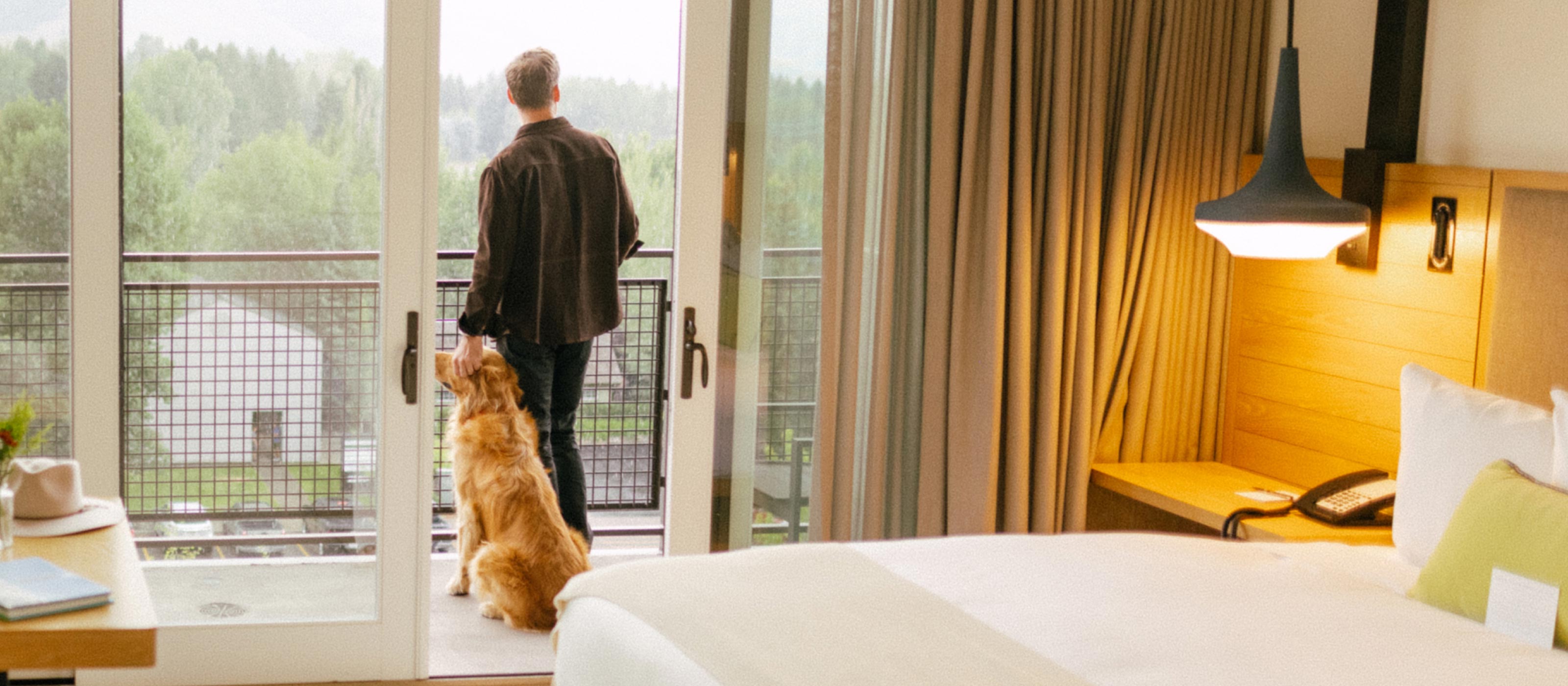 man and dog on guestroom balcony