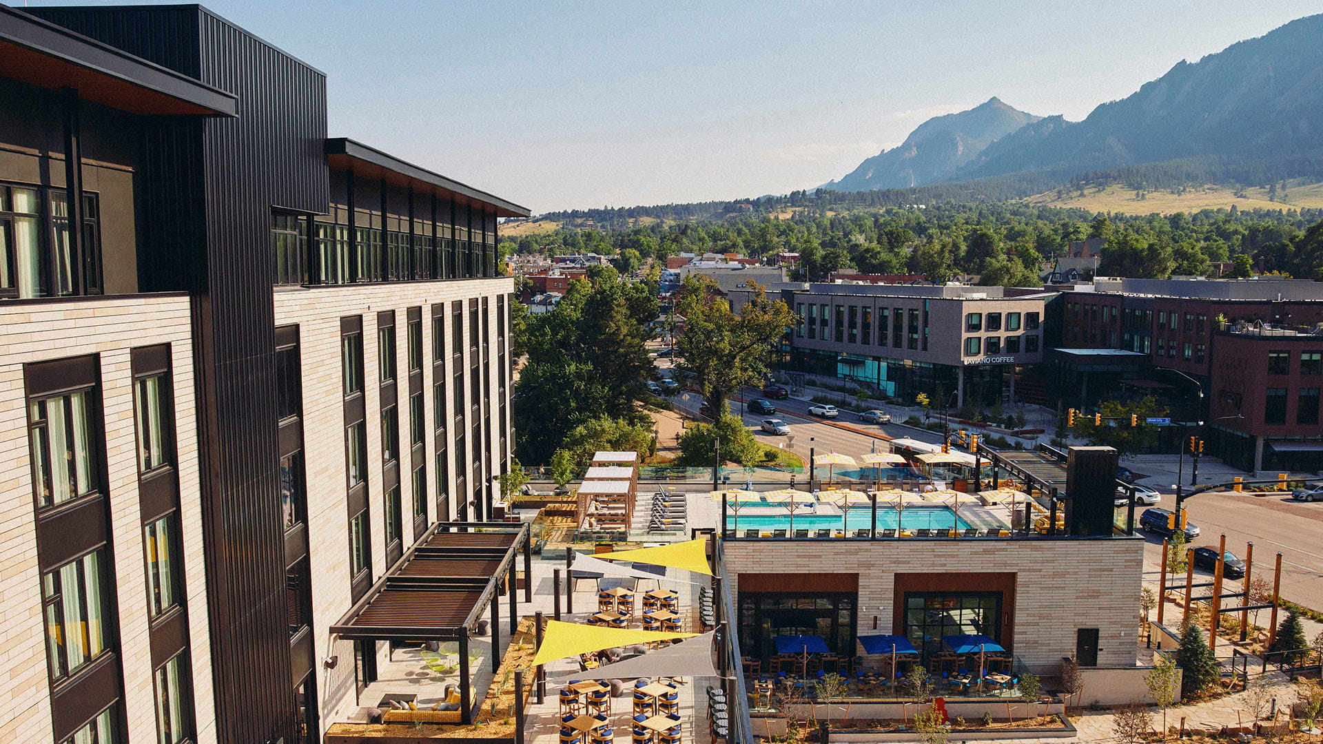 exterior of limelight boulder overlooking flatirons