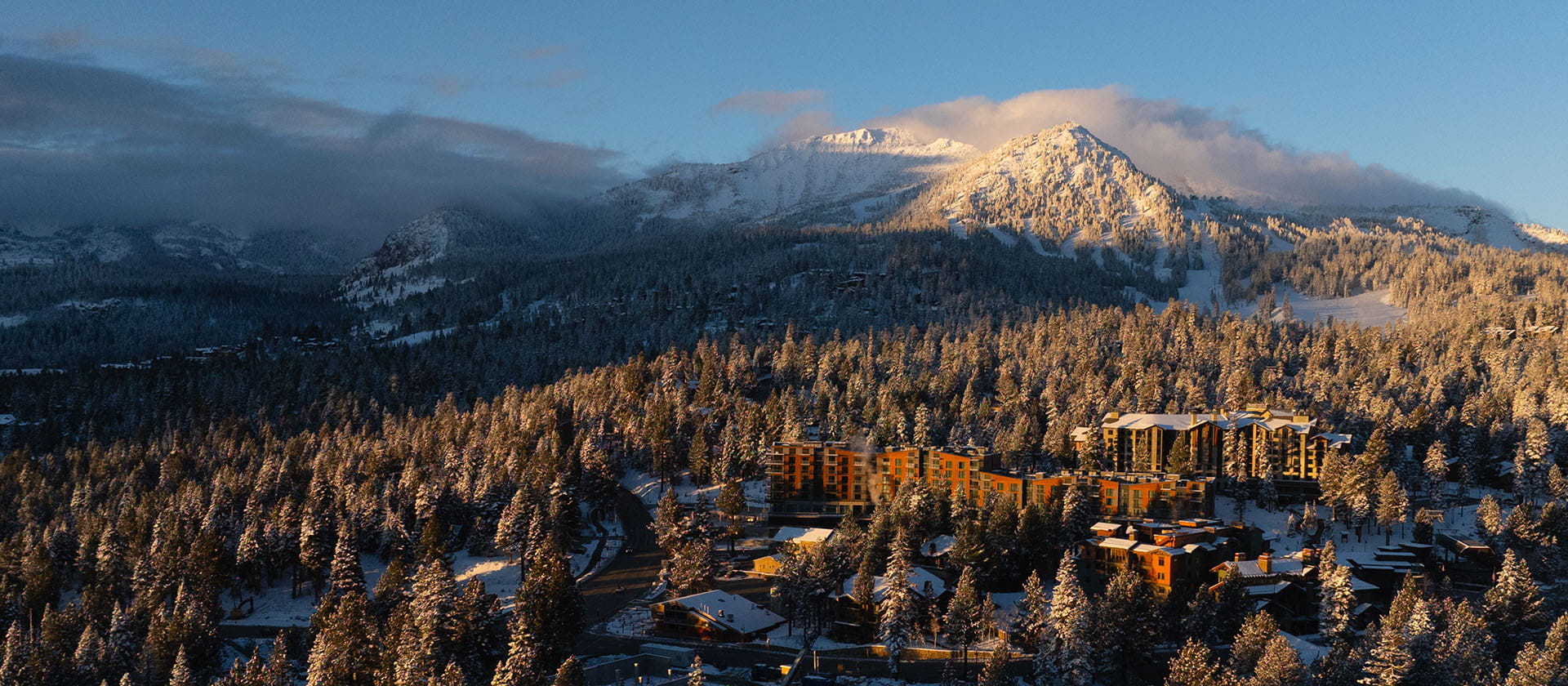 aerial view of limelight mammoth hotel and sierra mountains