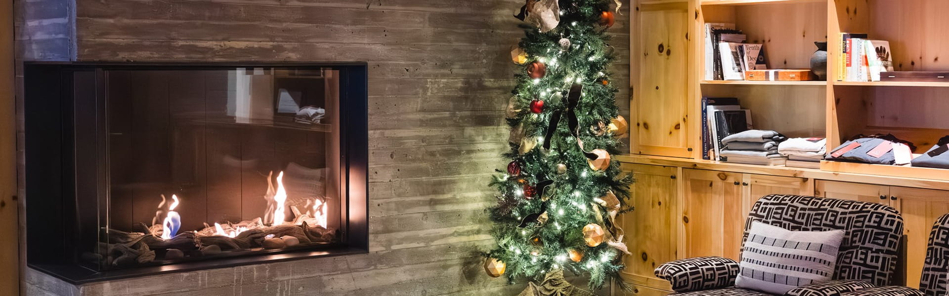 lobby fireplace and christmas tree at limelight denver