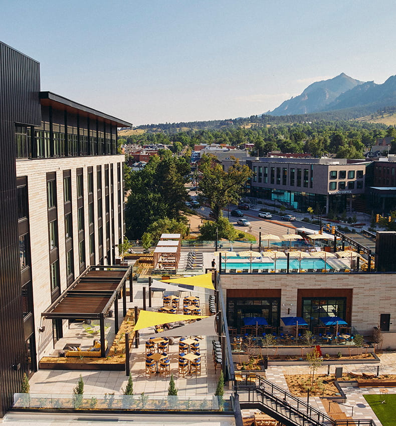 exterior of limelight boulder overlooking flatirons