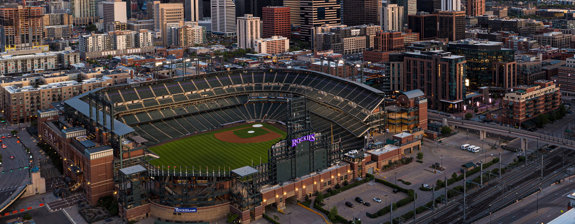 Aerial view of coors field and downtown denver